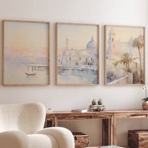 Set of 3 Jerusalem Marina Landscape, Jerusalem Skyline, Seascape, Israel Art, Boho Art, Christian wall art, Jesus Art, Bible Art