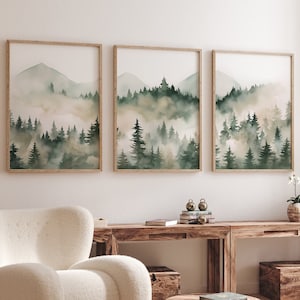 3er Set Bergwald Prints, Berglandschaft, Wald Wandbild, Salbeigrün, Berg Holz Wandbild, Wald Print, Kinderzimmer Dekor