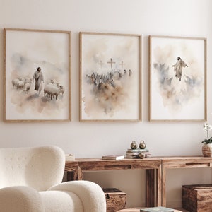 Set of 3 Jesus with Sheep, Three Cross Crucifixion, Jesus Ascension, Jesus print, Boho, Jesus Wall Art, Jesus Art, Jesus Portrait