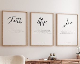 Set of 3 Prints Faith Hope Love Bible Verse Wall Art, Scripture Quote Hebrews 11, Jeremiah 29, John 3 16, Living Room Christian Decor