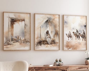 Nativity Scene Watercolor Art Prints, Set of 3 (Digital Download)