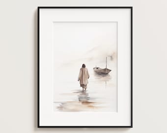 Jesus Walking on Water, Digital Print Download, Watercolour Wall Art, Jesus Printable Wall Art, Bible Christian Gift, Boho Art, Jesus Art