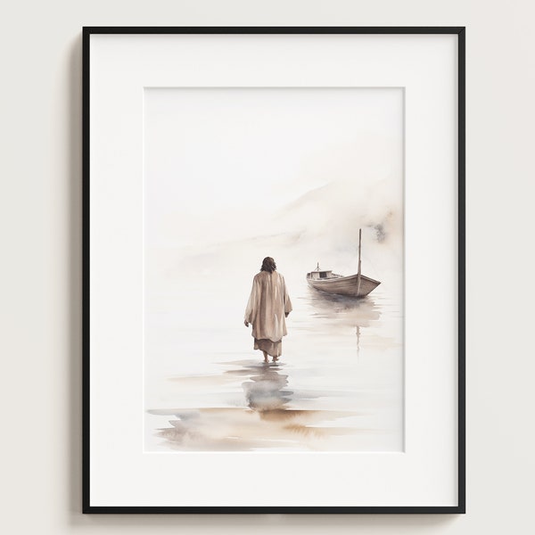 Jesus Walking on Water, Digital Print Download, Watercolour Wall Art, Jesus Printable Wall Art, Bible Christian Gift, Boho Art, Jesus Art