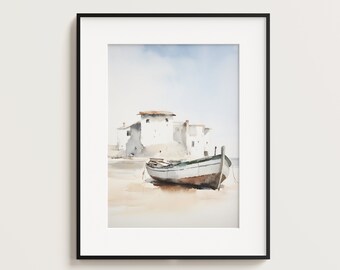 Boat Watercolor Painting, Lake House Wall Art (Digital Download)