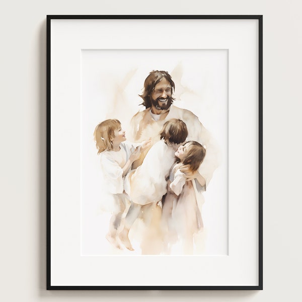 Jesus playing with Children, Kids, Jesus Portrait, Jesus painting, Jesus art, Jesus wall art, white Jesus, Jesus Watercolour, Home Decor