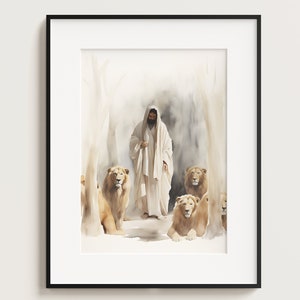 Daniel en el foso de los leones, pintura bíblica, impresión bíblica, arte bíblico, arte mural bíblico, acuarela bíblica, decoración del hogar