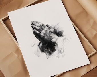 Beten ohne Unterlass, betende Kunst, betende Hände Zeichnung, christliche Wandkunst, religiöse druckbare Kunst, quadratischer Druck, Skizze Kohlezeichnung