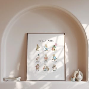May include: Framed art print featuring illustrations of storybook characters. The print includes the text "TODAY I WILL" at the top, with various character illustrations below. The artwork is displayed in a neutral-toned alcove, with decorative items on a shelf below.