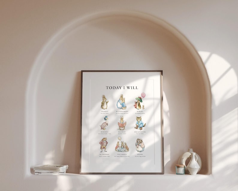 May include: Framed art print featuring illustrations of storybook characters. The print includes the text "TODAY I WILL" at the top, with various character illustrations below. The artwork is displayed in a neutral-toned alcove, with decorative items on a shelf below.