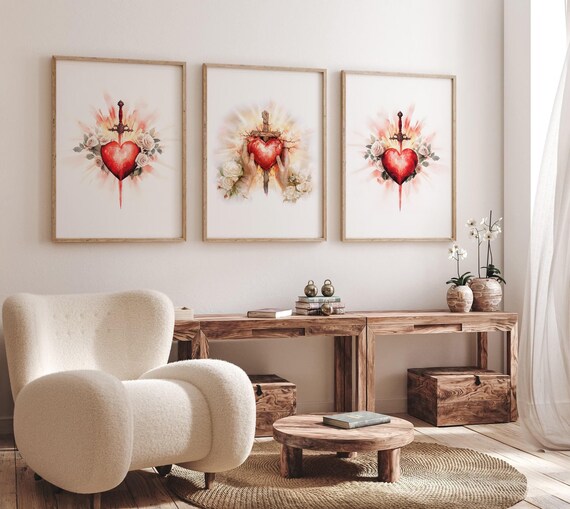 Set of 3 Sacred Hearts, Jesus, Mary and Joseph Watercolor Wall Art, Minimalist Bible Christian, Religious Wall Decor, Faith Artwork