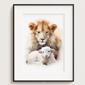 Lion and the lamb, Lion, Lamb, Watercolour Painting, Jesus Christ, Heaven, Jesus, God, Lion of Judah, Lamb Of God, print, Wall Art, King Art