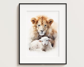 Lion and Lamb Watercolor Painting, Religious Wall Art (Digital Download)