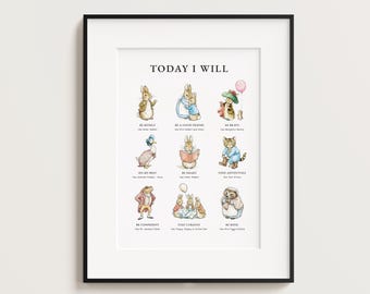 Peter Rabbit, Today I Will, Nursery Decor, Beatrix Potter, Affirmations Poster, Prints for Kids, Classic Nursery Art, Digital Download