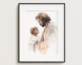 Black Jesus and Child Watercolor Portrait, Jesus Art Print (Digital Download)