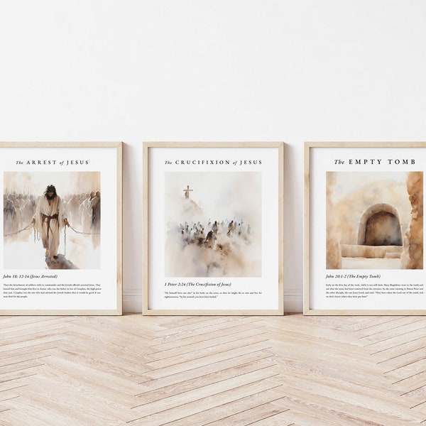 Set of 3 Easter Collection, The Arrest of Jesus, The Crucifixion, Empty Tomb, Bible Verse Art, Christian Art, Jesus Art, Jesus Wall Art