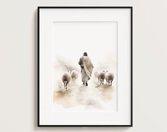 Jesus with Flock of Sheep Print, Jesus Portrait, Jesus Printable, Jesus print, Jesus art, Jesus wall art, home decor, Boho Art