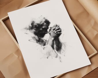 Beten ohne Unterlass, betende Kunst, betende Hände Zeichnung, christliche Wandkunst, religiöse druckbare Kunst, quadratischer Druck, Skizze Kohlezeichnung