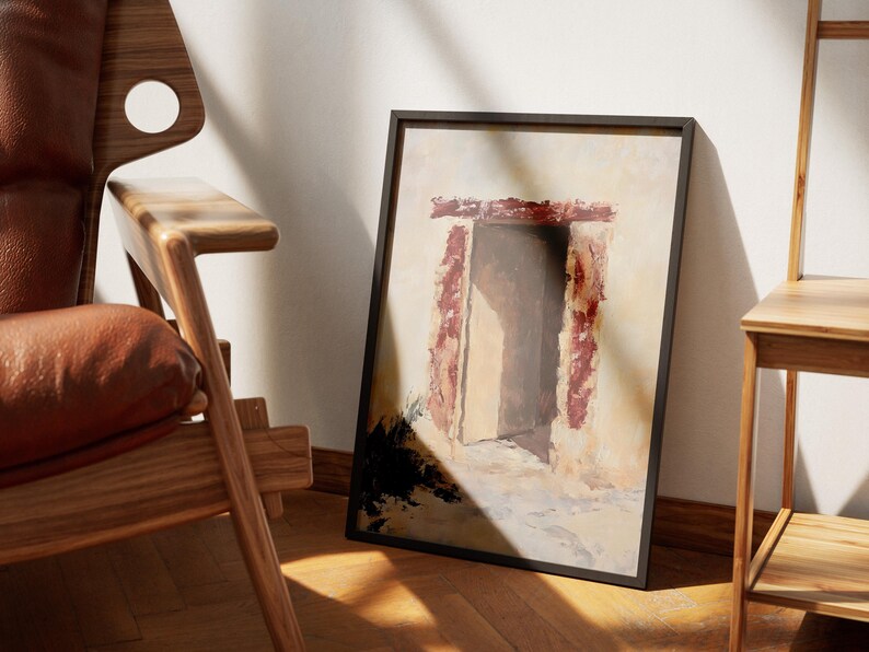 Pode incluir: Uma pintura emoldurada de uma porta com um arco vermelho e branco. A porta est&aacute; aberta e o fundo &eacute; de cor bege claro.