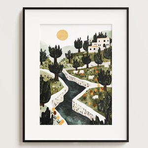 May include: A digital painting depicting a winding river flowing through a green valley with white stone walls. The river is surrounded by trees and houses with white walls and red roofs. The sun is shining brightly in the sky.