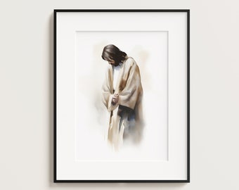 Jesús lloró, Retrato de Jesús, Juan 11:35, Descarga de impresión digital, Arte mural en acuarela, Arte mural imprimible, Regalo cristiano bíblico, Arte bohemio