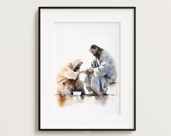 Jesus Washing Feet Watercolor Print, Christian Bible Art (Digital Download)