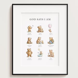 God Says I Am, Teddy Bear Wall Art, Teddy, Biblical Affirmations, Christian Nursery Decor, Digital Download, Scripture, Bible Verses