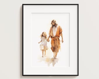 Christ with Girl, Jesus Portrait, Jesus painting, Jesus print, Jesus art, Jesus wall art, Jesus faceless, jesus watercolor, home decor