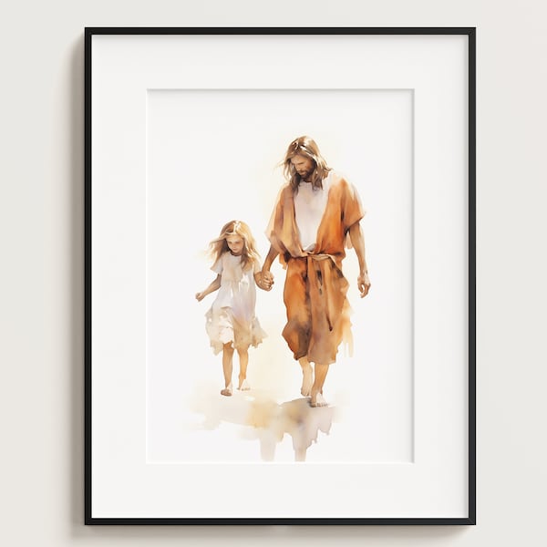 Christ with Girl, Jesus Portrait, Jesus painting, Jesus print, Jesus art, Jesus wall art, Jesus faceless, jesus watercolor, home decor