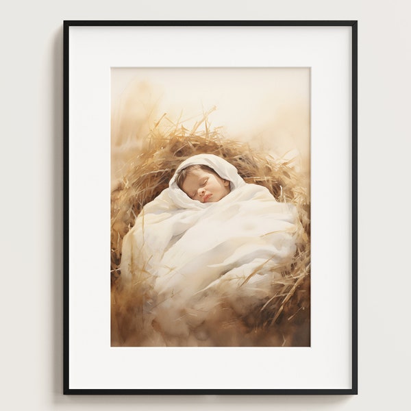 Baby Jesus in Manger, Christmas Jesus Digital Download, Christmas Nativity Art, Picture of Christ, Christmas Wall Art, Christmas Decor