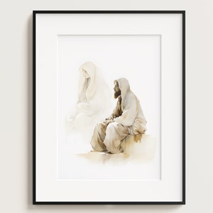 Jesus Praying in the Desert with Angel, Printable Download, Watercolour Wall Art, Bible Christian Gift, Boho Art, Jesus Art