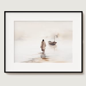 Jesus Walking on Water Landscape, Digital Print Download, Watercolour, Jesus Printable Wall Art, Bible Christian Gift, Boho Art, Jesus Art
