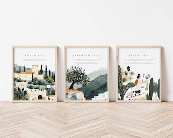 Set of 3 Bible Verse, Psalm 23 4, Jeremiah 29 11, Psalm 91 2, Jesus painting, Print, Jesus portrait, Jesus wall art, Inspirational quotes