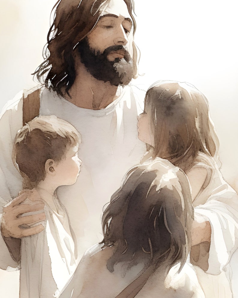 Jesus Playing with Children, Jesus Portrait, Jesus painting, Jesus print, Jesus wall art, Kids Bible Art, Jesus Watercolor, home decor image 4