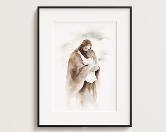 Jesus Hugging Girl, Jesus Portrait, Jesus painting, Jesus print, Jesus art, Jesus wall art, Jesus faceless, jesus watercolor, home decor
