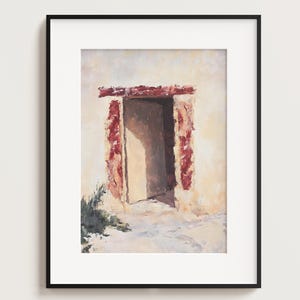 Pode incluir: Uma pintura de uma porta com um arco de tijolo vermelho e uma porta branca. A porta est&aacute; aberta e a luz brilha atrav&eacute;s da porta. A pintura &eacute; feita em um estilo solto e impressionista.