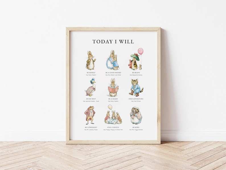 Peter Rabbit, Today I Will, Nursery Decor, Beatrix Potter, Affirmations Poster, Prints for Kids, Classic Nursery Art, Digital Download image 5