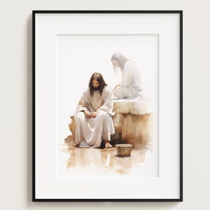 De vrouw bij de bron met Jezus, portret van Jezus, bijbelkunst, Jezus schilderij, Jezus kunst, kunst aan de muur Jezus, bijbel prenten, Jezus aquarel