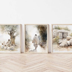Set of 3 Jesus Prints, Jesus Teaching Children, Jesus on path, Empty Tomb, Jesus Art, Jesus Wall Art, Jesus Portrait