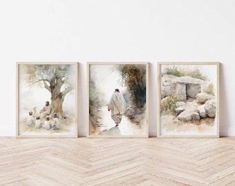 Set van 3 Jezusprenten, Jezus onderwijst kinderen, Jezus op pad, leeg graf, Jezus kunst, Jezus kunst aan de muur, Jezus portret