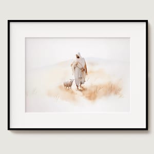 Jesus Leaves the 99, Parable Lost Sheep, Landscape, Lamb, Jesus Portrait, Jesus Printable, Jesus wall art, Watercolor, Home Decor, Boho Art