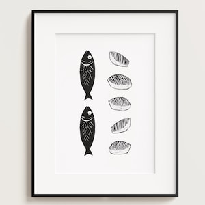 2 peces, 5 panes, Jesús alimenta a los 5000, impresiones, pósteres minimalistas de Jesús, impresiones artísticas de panes y peces, póster cristiano, descarga digital