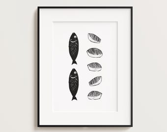 2 peces y 5 panes, láminas de Jesús alimentando a los 5000, pósteres minimalistas de Jesús, láminas de arte de pan y peces, póster cristiano, descarga digital.