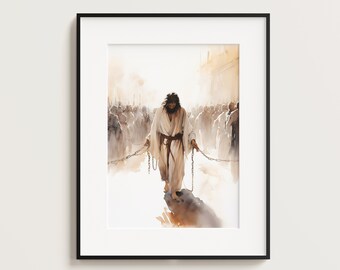 May include: A watercolor painting of a man in a white robe walking towards the viewer. He is surrounded by a crowd of people and is wearing a chain around his wrists. The painting is done in a realistic style and has a soft, muted color palette.
