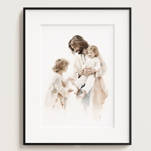 Jesus playing with Children, Kids, Jesus Portrait, Jesus painting, Jesus art, Jesus wall art, white Jesus, Jesus Watercolour, Home Decor