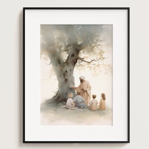 Jesus sermon with children, Jesus Portrait, Jesus painting, Jesus print, Jesus art, Jesus wall art, white Jesus, Jesus watercolor
