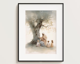 Impressão em aquarela do sermão de Jesus, arte bíblica infantil (download digital)
