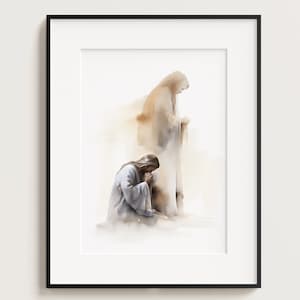 Jesus Praying in the Garden of Gethsemane with Angel, Printable Download, Watercolour Wall Art, Bible Christian Gift, Boho Art, Jesus Art