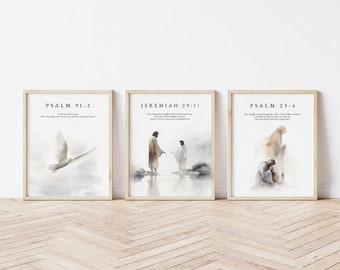 Bible Verse Art Print Set, Jesus Portrait, Inspirational Quotes (Digital Download)