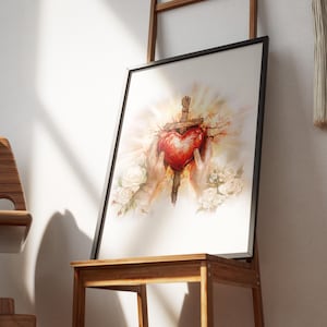 Pode incluir: Uma pintura em aquarela de um cora&ccedil;&atilde;o vermelho perfurado por uma cruz de madeira, rodeado de flores brancas. O cora&ccedil;&atilde;o &eacute; segurado por duas m&atilde;os, com um brilho dourado irradiando do centro.