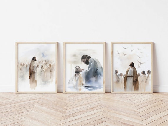 Set of 3 Jesus Art Prints, Sermon on the Mount, Baptism, Look at the birds, Jesus print, Jesus Boho Art, Jesus wall art, Jesus Portrait